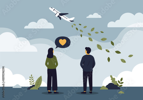 Couple watches airplane taking off, symbolizing love, travel, and farewell