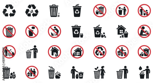 Collection of waste management and recycling icons, featuring trash cans, prohibited littering symbols, and eco friendly disposal graphics.