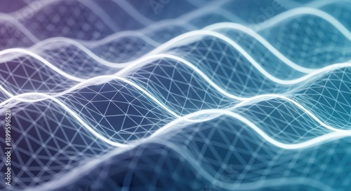 A futuristic wave pattern with interconnected lines and nodes creating a 3D mesh effect