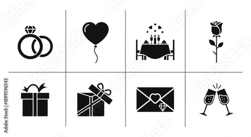 Collection of romantic icons representing love, relationships, celebrations, and special occasions including wedding rings, a gift box, a rose, and a romantic dinner setting