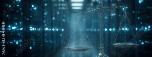 Justice in the Digital Age Illuminated Balance Scales Symbolize Legal Frameworks, Data Protection, and Ethical Decision-Making in a High-Tech, Interconnected World