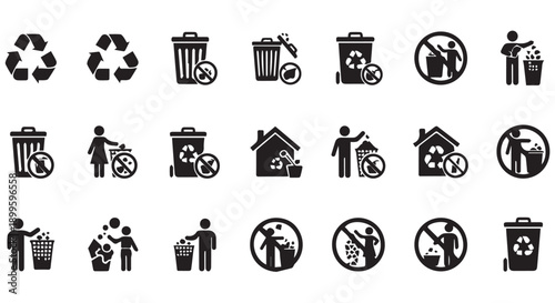 Collection of black waste management icons on Transparent Background, promoting proper disposal and recycling practices.