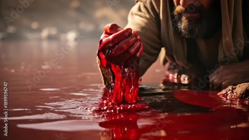 Moses' hand touching the blood-red water is a reference to the biblical Ten Plagues of Egypt, the bloody punishment that was the first plague of the Egyptians sent by God.