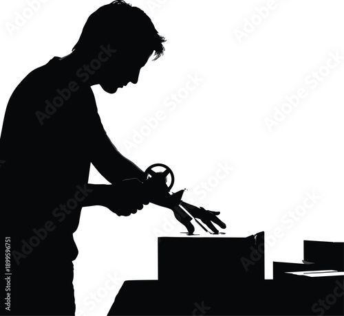 Man working on car steering wheel with tools