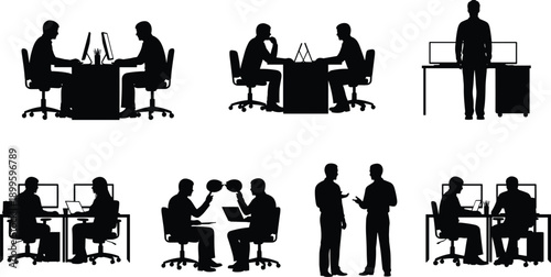 Office silhouettes of people working, discussing, and collaborating with computers and laptops in various professional workplace scenarios, vector illustration
