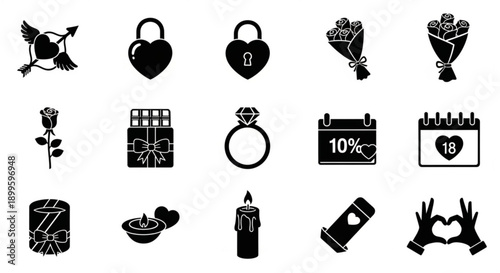 A wide assortment of black silhouette icons symbolizing love, romance, and heartfelt expressions, ideal for Valentine's Day projects and celebrating cherished connections