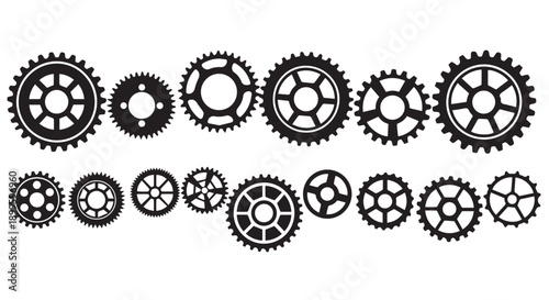 Collection of various black gear icons on Transparent Background for industrial design and engineering concepts.