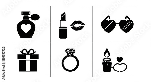 Valentine's Day gift icons heart perfume, lipstick kiss, heart sunglasses, gift box, diamond ring, and candle with heart