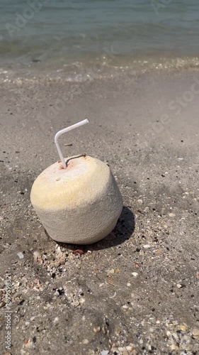 Coconut milk with a straw on the sand near the seashore, drink close-up, vacation concept