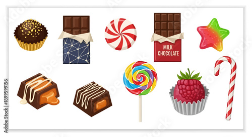 Vector Cartoon Candies and Chocolates Assortment Colorful Sweet Treats Isolated on White EPS10 Stock.eps