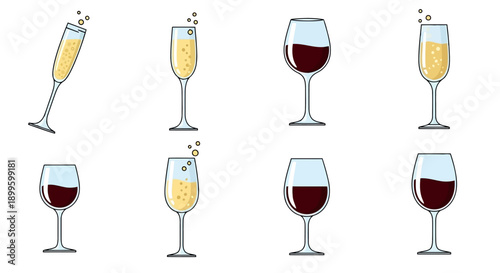 Variety of cartoon vector wine and champagne glasses on white EPS10 Stock.eps