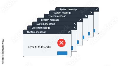 Cascading series of system error message windows on a white background representing computer failure or software bugs.