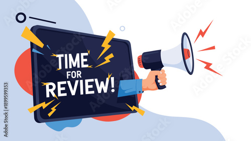 Time for review message with a hand holding a megaphone emerging from a tablet screen to grab user attention.