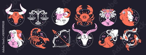 12 zodiac signs in outline circles set. Avatars of horoscope symbols. Months of birth in astrology: aries, taurus, gemini, leo, libra, scorpio, capricorn, pisces. Flat isolated vector illustration