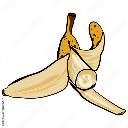 Hand drawn banana peel illustration in cartoon style. Playful food clipart isolated on white background. Suitable for packaging, stickers, children designs and humorous concepts.
