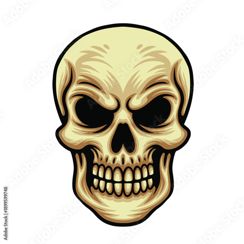 High quality colored vector illustration of cartoon skull concept logo with serious expression