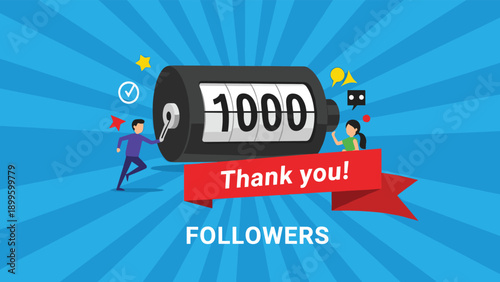 Social media milestone achievement with one thousand followers counter and celebratory figures on a blue background.
