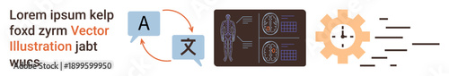 Translation services, medical diagnostics, automation, artificial intelligence, machine learning, technology development. Speech bubbles, a medical scan and a gear highlight these ideas. Translation