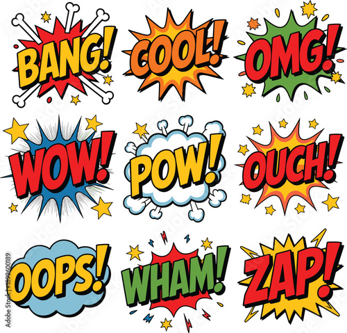 Colorful comic sound effects speech bubbles set with bang wow pow zap text, pop art explosion shapes, retro cartoon stickers collection isolated on white background