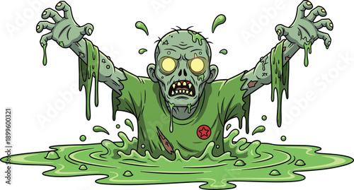 Scary cartoon zombie rising from green slime, horror monster character, spooky undead illustration, Halloween concept, flat vector isolated on white