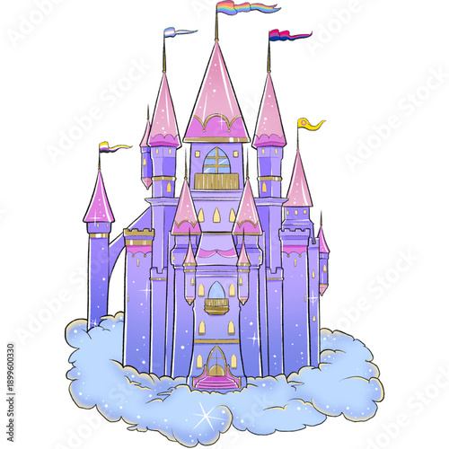 A whimsical pink fairy tale castle with medieval towers and flags stands as a fantasy palace on a hill under soft clouds in this cartoon vector illustration of a magical kingdom
