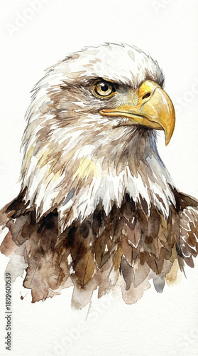 A detailed illustration of an American bald eagle. The eagle has a white head, yellow beak, and brown body feathers. Its sharp eyes convey strength and majesty.