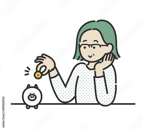 コツコツと貯金をする40代女性のイラスト