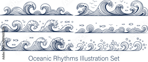 A set of elegant line illustrations depicting various ocean waves with small fish and flying birds