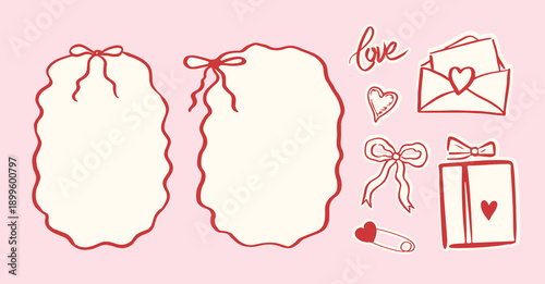 Canvas Print Set of hand drawn coquette frames for Valentines day, wedding invitation, birthday card, illustration in sketch style