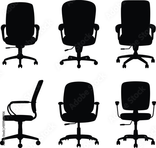 Office chair silhouette set isolated on white background, modern ergonomic swivel chairs from multiple angles, black furniture icons for workspace, interior design, and corporate concepts