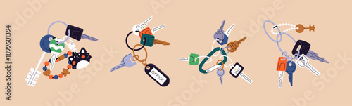 Set of keychains with keys from different doors. Bunches of keyrings, chains of keyfobs for house, office, apartment, real estate with trinkets hanging on rings. Flat isolated vector illustrations