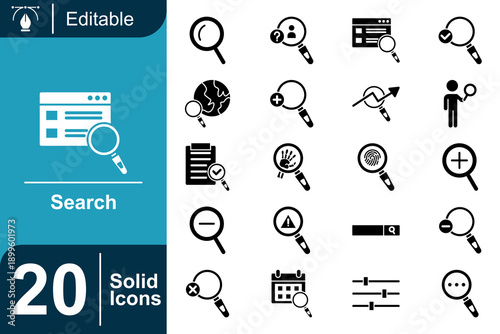 20 Solid Search Icons, Vector Icons for Web Design and App Development, Magnifying Glass and Search Related Graphics