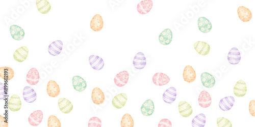 Watercolor Easter eggs seamless pattern with pastel decorated eggs scattered on transparent background, perfect for Easter cards, wrapping paper, spring textiles and festive designs