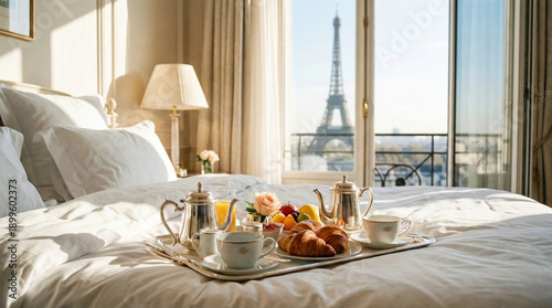 Romantic Parisian Breakfast in Luxury Bedroom with Eiffel Tower View

