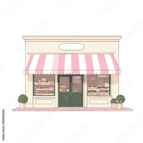 Charming Bakery Front with Pink Awning and Floral Accents