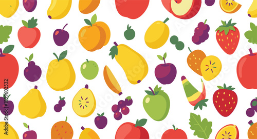 Cute cartoon style colorful fruit party pattern with smiling pomegranates, happy dragon fruits, funny pineapples, playful strawberries, oranges and many other cheerful fruits
