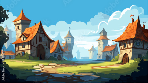 Cartoon Village Landscape Illustration With Houses Towers Orange Roofs Green Grass Blue Sky For Children's Books And Fantasy Game Backgrounds