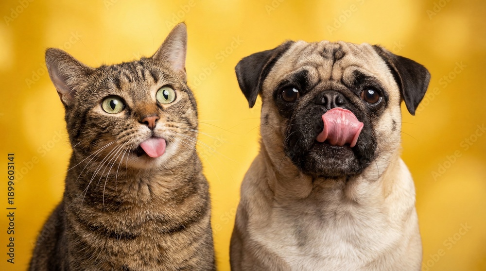 Obraz premium Brown tabby cat and pug dog sticking tongues out on yellow background cute animals being silly together