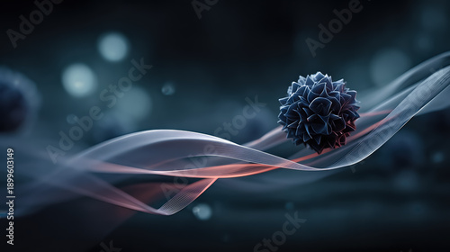 A close-up view of a virus particle surrounded by flowing abstract waves. The background is dark with soft bokeh lights, creating a scientific atmosphere.