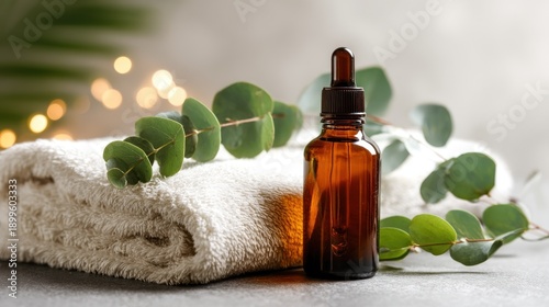 Amber dropper bottle of essential oil with eucalyptus leaves and soft towel in a peaceful spa setting with bokeh lights Generative AI