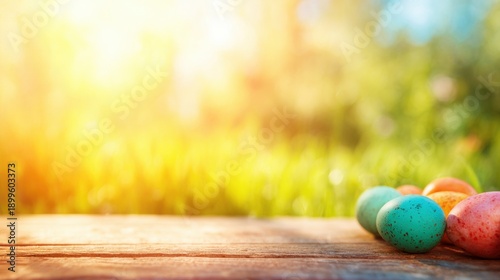 Colorful eggs on wooden surface in sunlight during spring season near grass