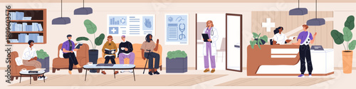 People sit in waiting room of medical center. Patients and doctors are in hall or reception area of hospital. Men and women in lounge zone of clinic for medic appointment. Flat vector illustration