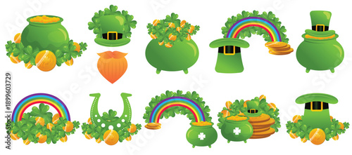 St Patricks Day Leprechaun Hats Pots of Gold and Rainbow Set Over White Background Lucky Concept