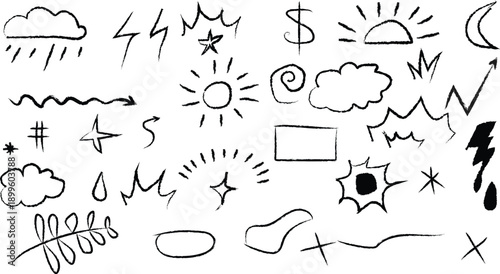 A collection of 25 hand drawn weather and astronomy symbols in black on a white background