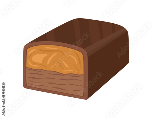 Chocolate candy piece with soft nougat and caramel. Gourmet confectionery, choco sweet, sugar dessert, treat. Colored flat vector illustration isolated on white background.