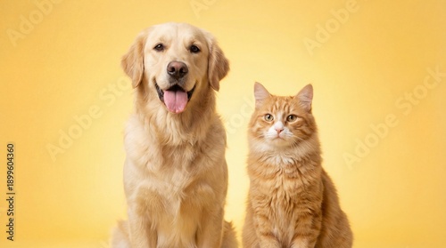 Friendly golden retriever dog and orange tabby cat sitting together on yellow background