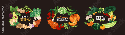 Set of wreaths of different vegetables with place for text. Designs of borders from various agriculture crops. Farm harvest of organic veggies in circle shape. Flat isolated vector illustrations