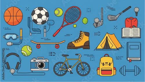 Assorted sports equipment and outdoor gear displayed on a blue background with various items arranged neatly together