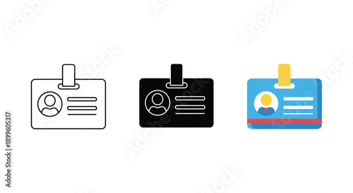 Collection of three distinct identity badge vector icons showcasing outline solid and colorful flat design styles for identification purposes