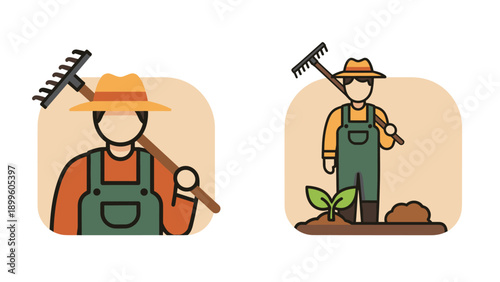 Farmer Icons Ready to Work with Rake and Seedling